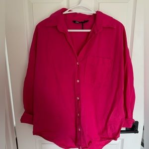 Zara bright deep pink 100% cotton button-up oversized shirt size S
